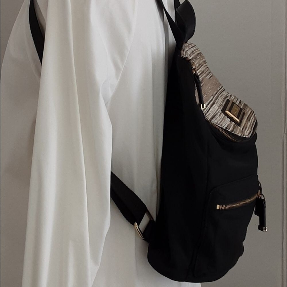 CALVIN KLEIN Gold-Silver Flap Accent Nylon Faux Leather Handbag Backpack - Picture 4 of 11